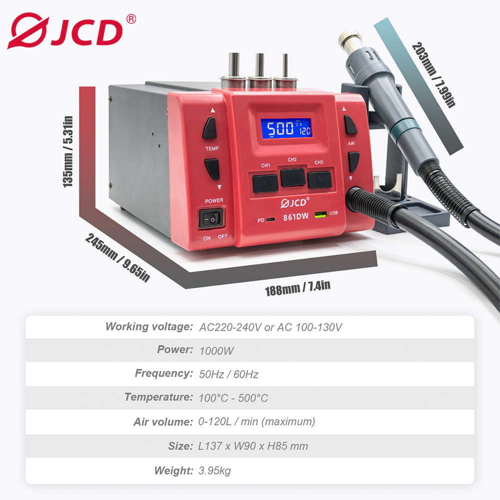 JCD 861DW Hor Air Station High Quality 1000W High Power Digital Lead-Free Hot Air Soldering Station Rework Station for PCB Mobile Electronics