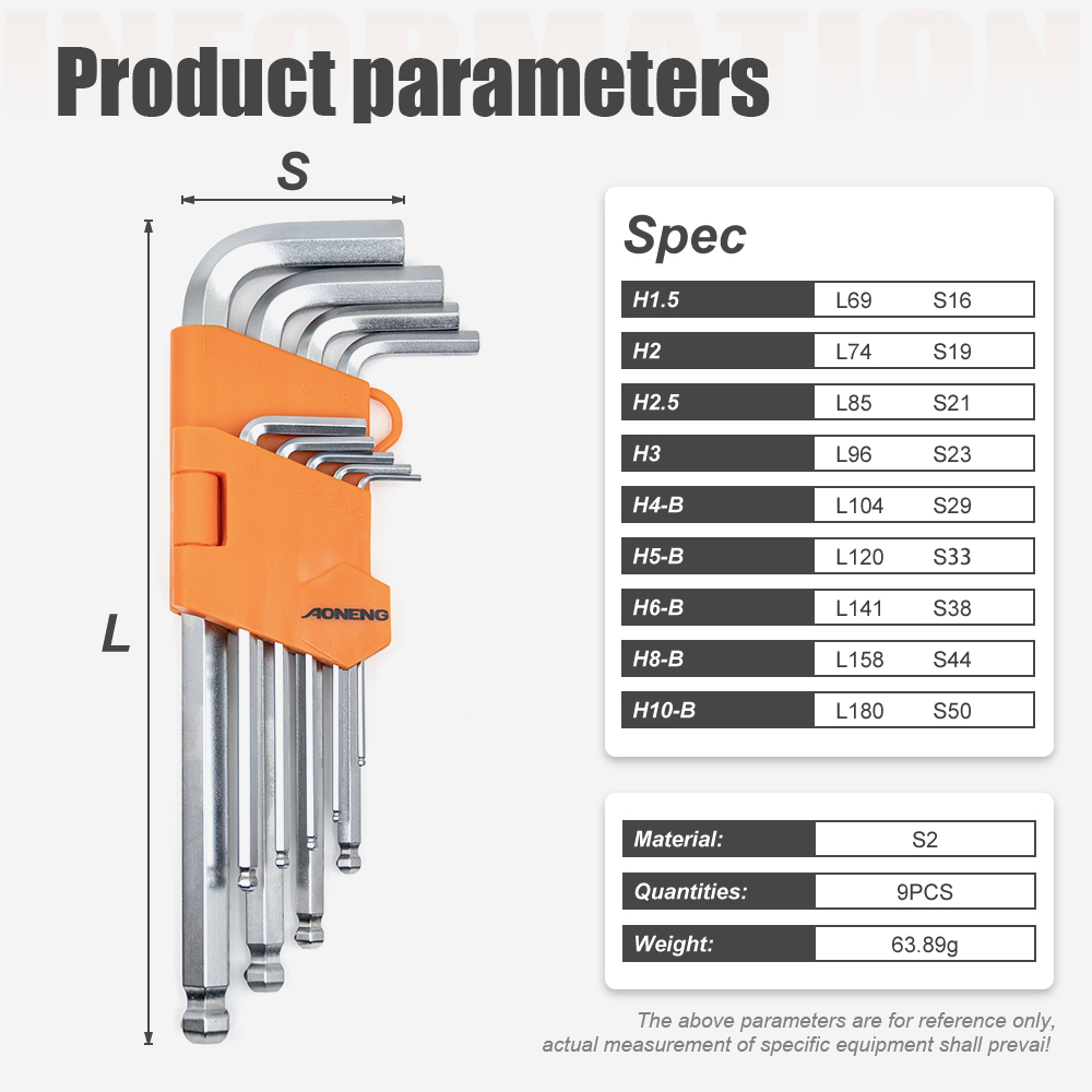 AN-91-109-B 9-piece set of extended ball-end Allen wrenches with steel balls (extended version)